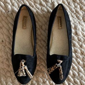 Birdies Black Slippers with Leopard Tassels